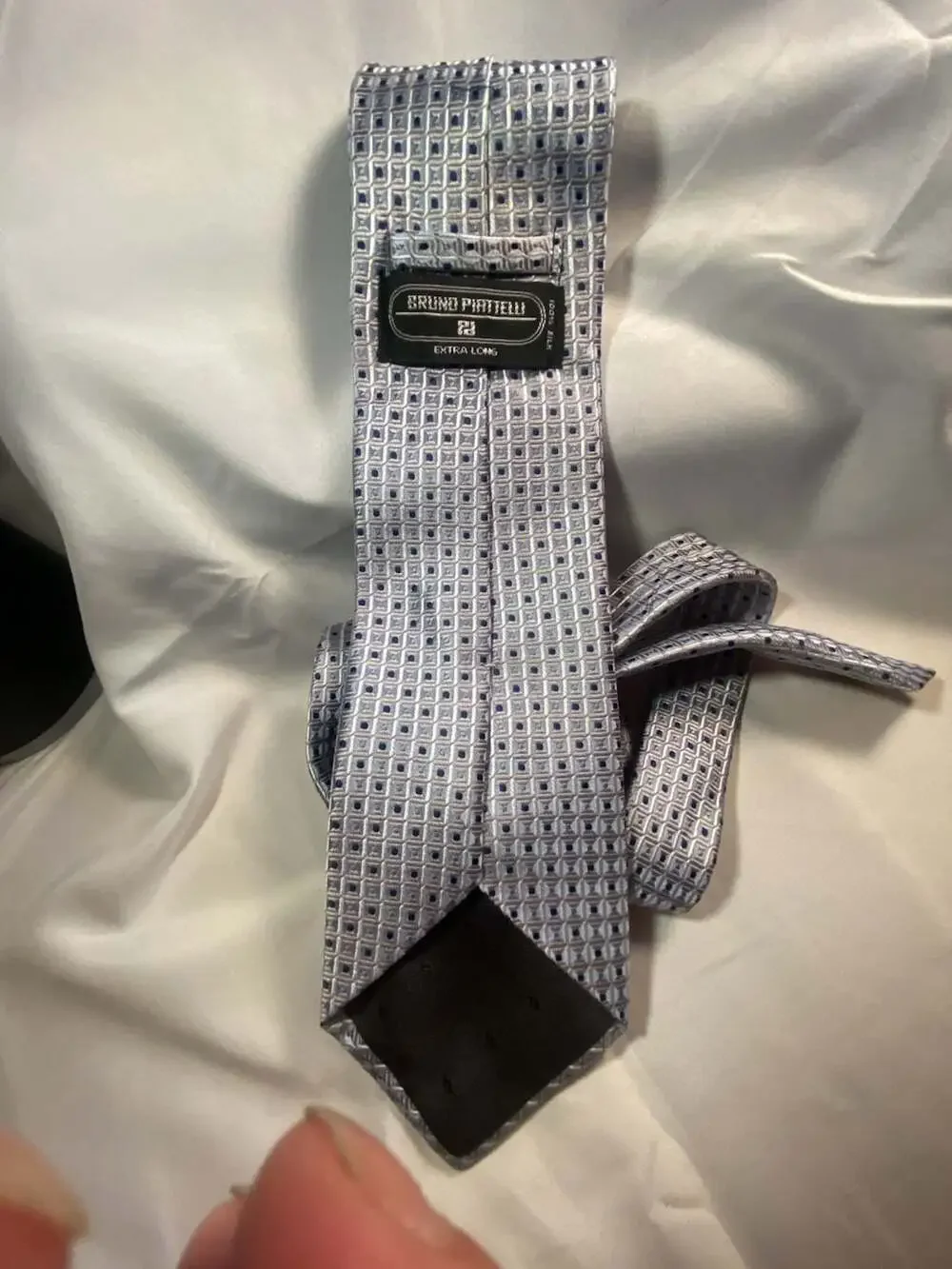 Bruno Piatelli Extra Long 100% Silk Gray Blue Geometric Micro Grid Pattern Men's